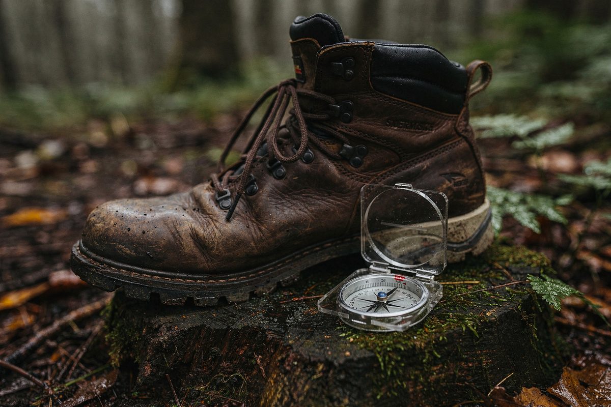 A hiking boot rests beside a baseplate compass on a mossy tree stump